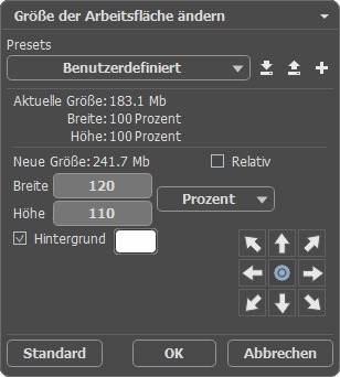 Dialogfeld "Größe der Arbeitsfläche"