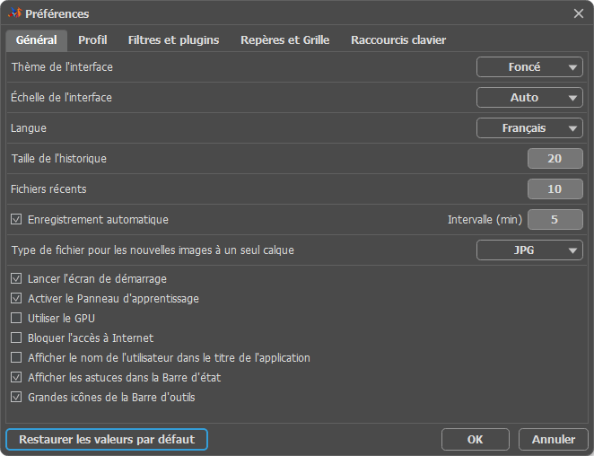 Fenêtre Préférences : Paramètres Généraux