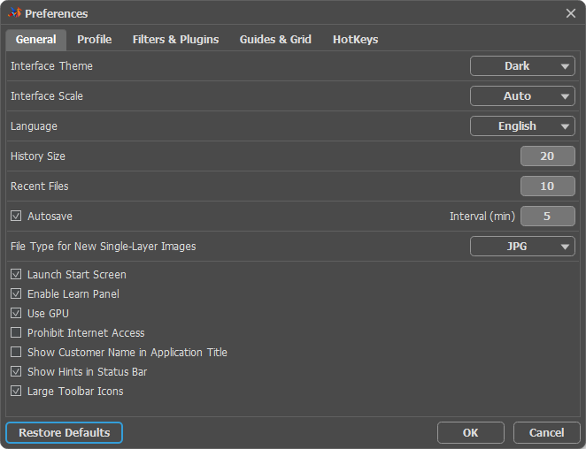 Preferences Window: General Settings